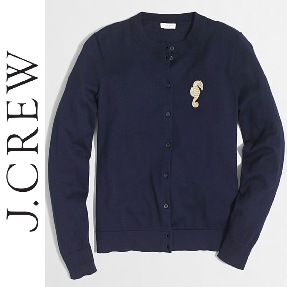 New J CREW Navy Cardigan Sweater with Seahorse XXS